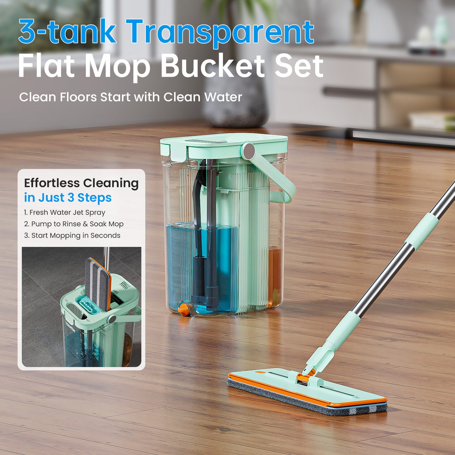 3-tank transparent flat mop bucket set