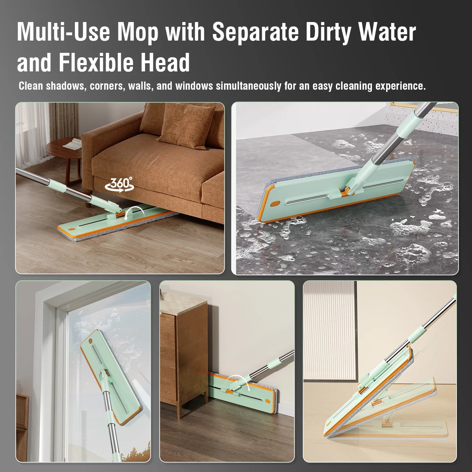 Multi-use flexible mop head reaches every corner