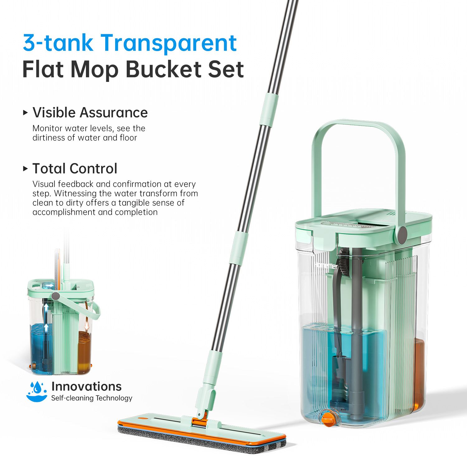 CleanEarth 3-tank flat mop bucket set